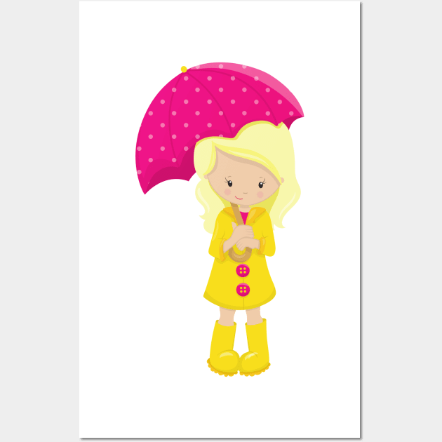 Girl In Raincoat, Girl With Umbrella, Blonde Hair Wall Art by Jelena Dunčević